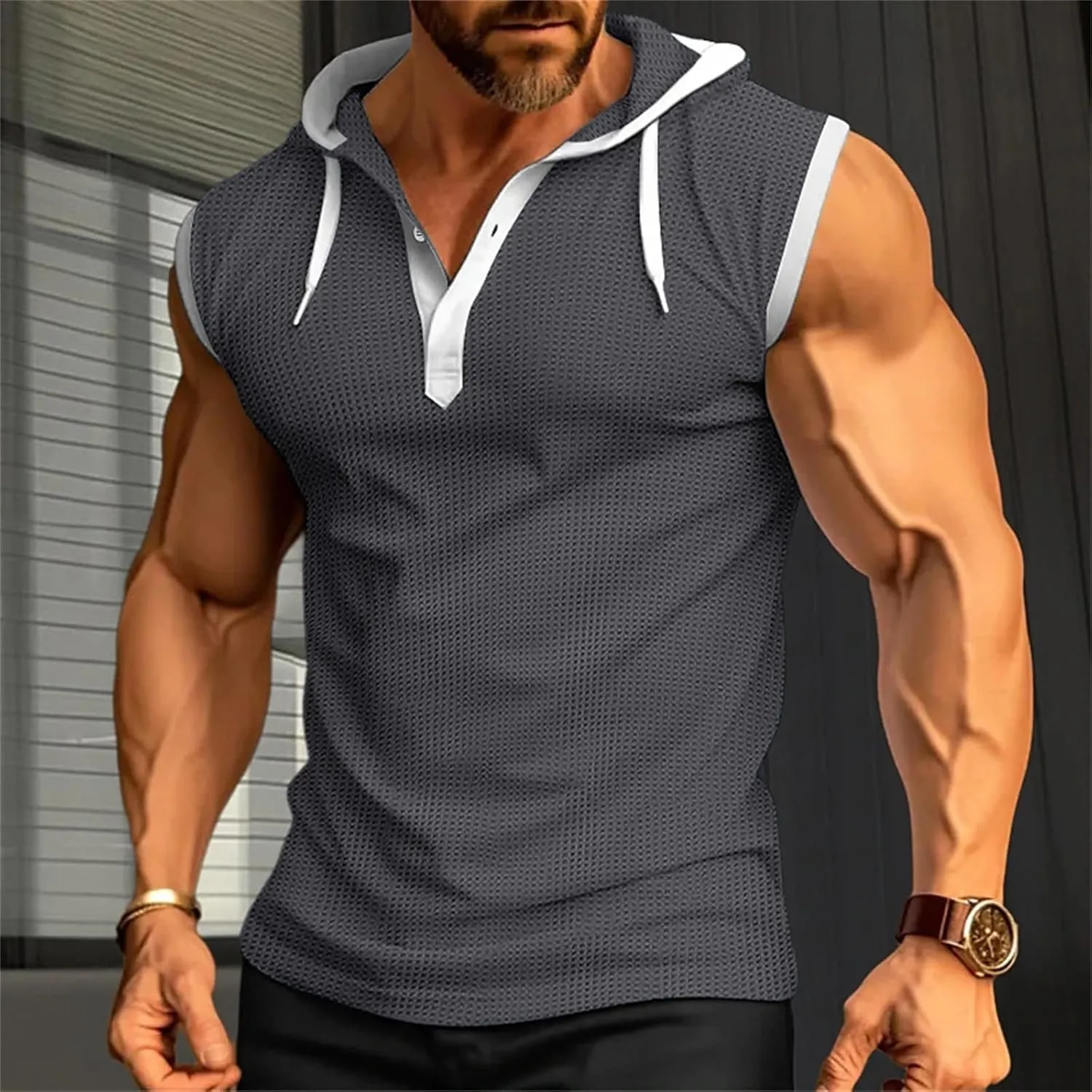 Men's Hooded Tank Tops Workout Sleeveless Hoodies Tee Shirt Muscle Athletic Gym Running Beach Tanks for Men Quick Dry