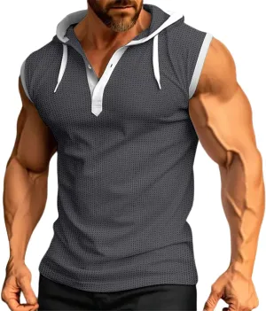Men's Hooded Tank Tops Workout Sleeveless Hoodies Tee Shirt Muscle Athletic Gym Running Beach Tanks for Men Quick Dry