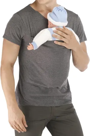 Mens Kangaroo Shirt V Neck Short Sleeve T Shirts for Dad and Mom Skin to Skin T Shirt with Pocket Dad Shirt