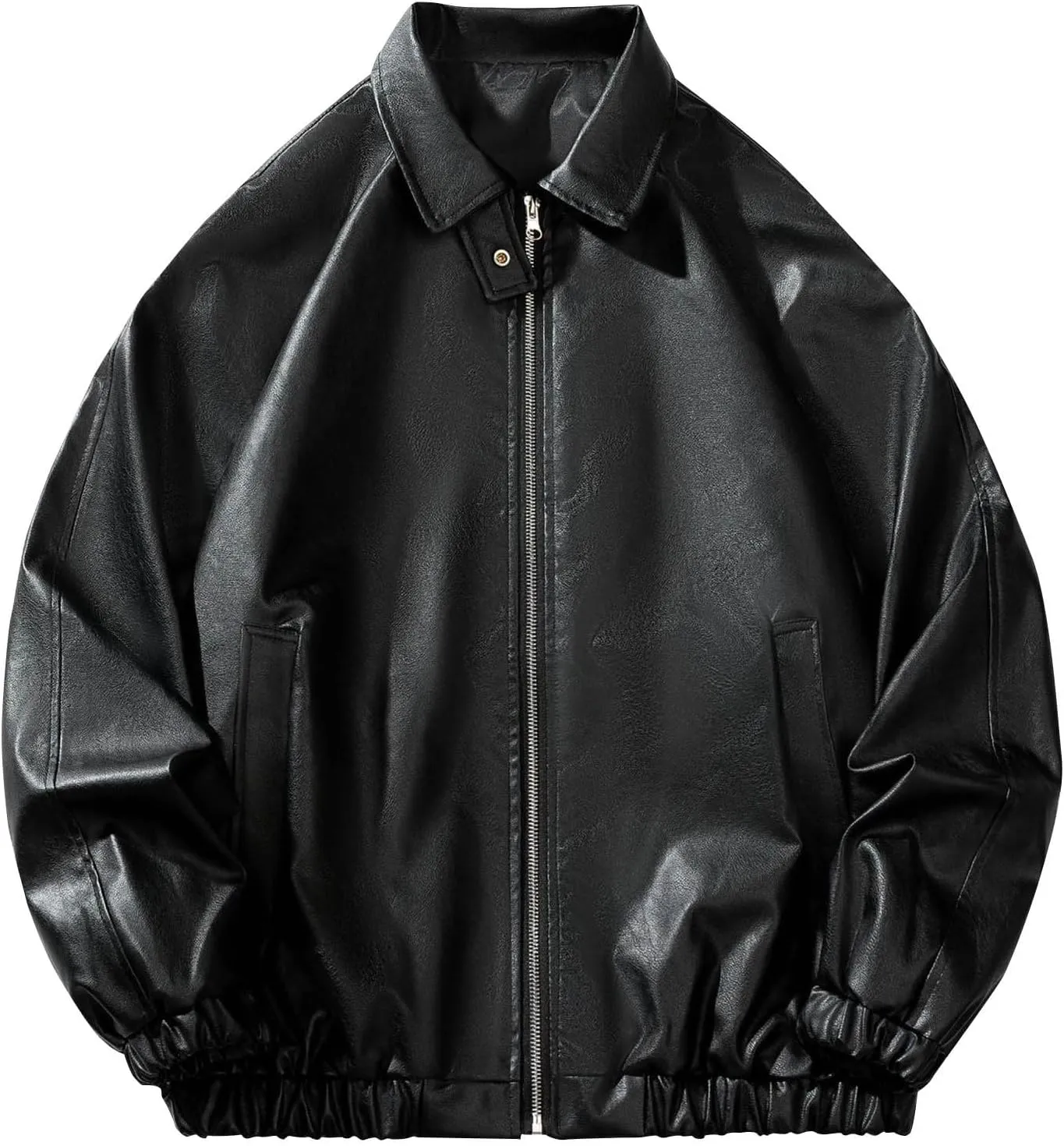 Mens Leather Jacket Lapel Collar PU Motorcycle Jacket Faux Zip-Up Slim Fitted Lightweight Moto Biker Coat Outwear