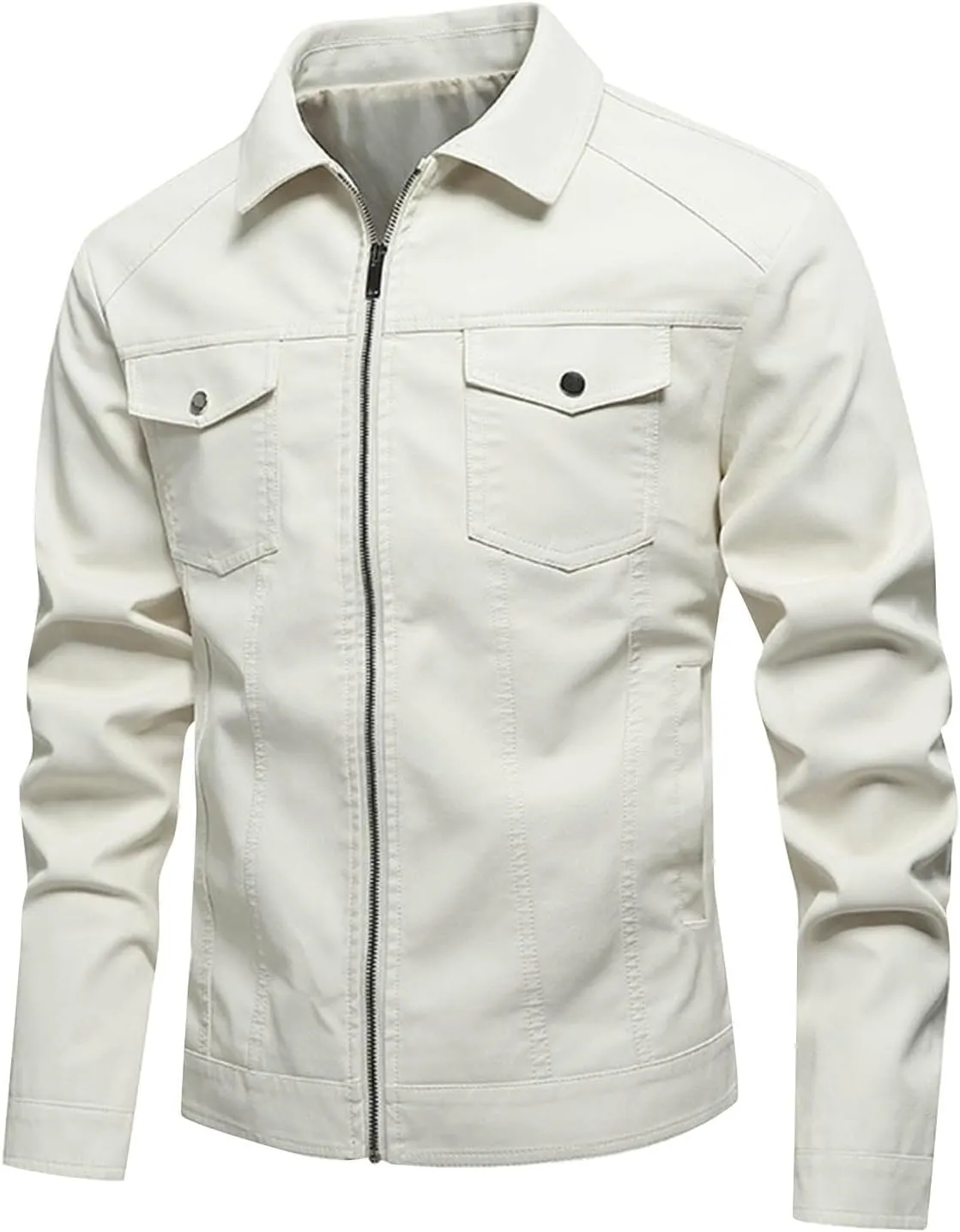 Mens Leather Jacket Lapel Collar PU Motorcycle Jacket Faux Zip-Up Slim Fitted Lightweight Moto Biker Coat Outwear