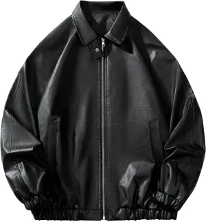 Mens Leather Jacket Lapel Collar PU Motorcycle Jacket Faux Zip-Up Slim Fitted Lightweight Moto Biker Coat Outwear