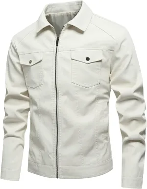 Mens Leather Jacket Lapel Collar PU Motorcycle Jacket Faux Zip-Up Slim Fitted Lightweight Moto Biker Coat Outwear
