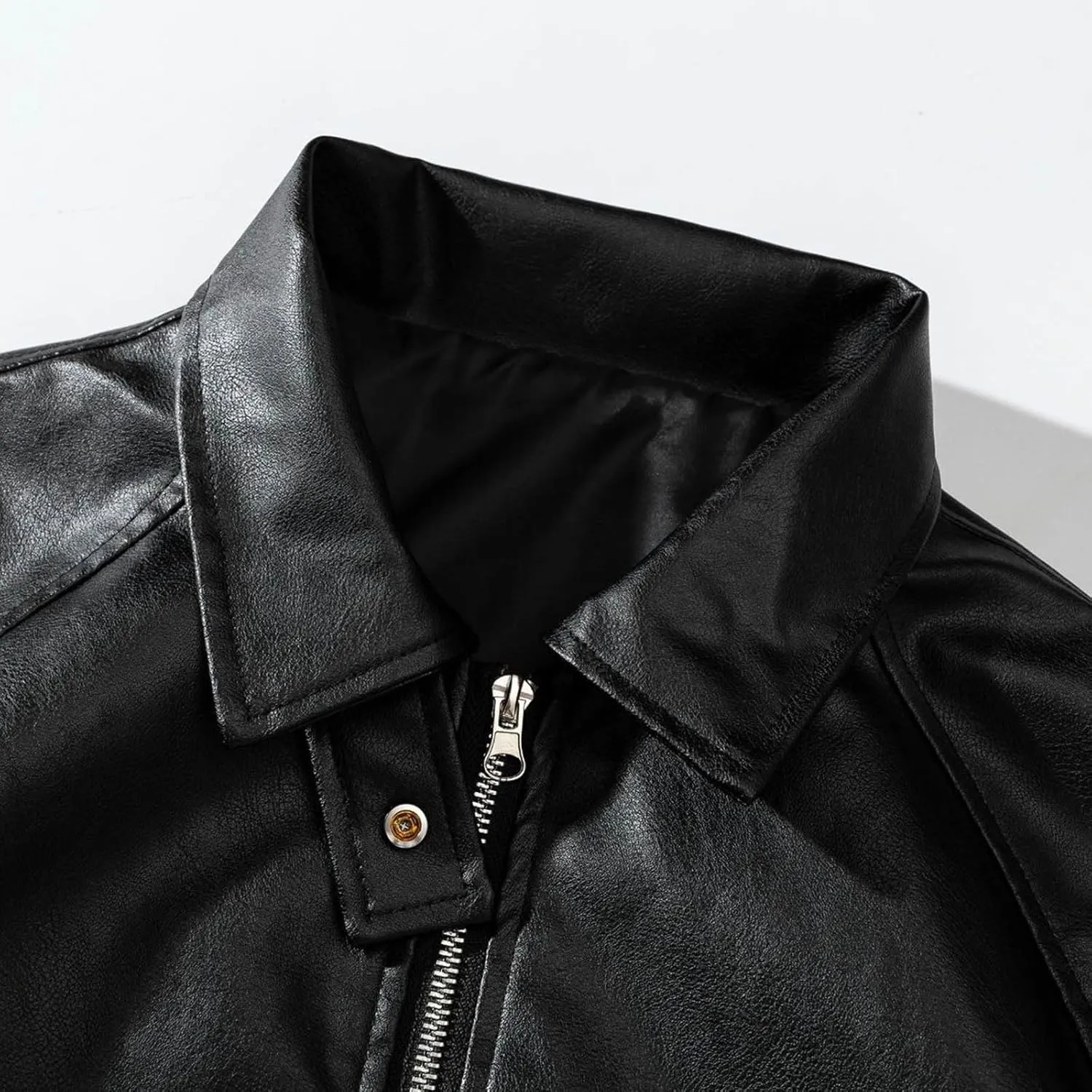 Mens Leather Jacket Lapel Collar PU Motorcycle Jacket Faux Zip-Up Slim Fitted Lightweight Moto Biker Coat Outwear