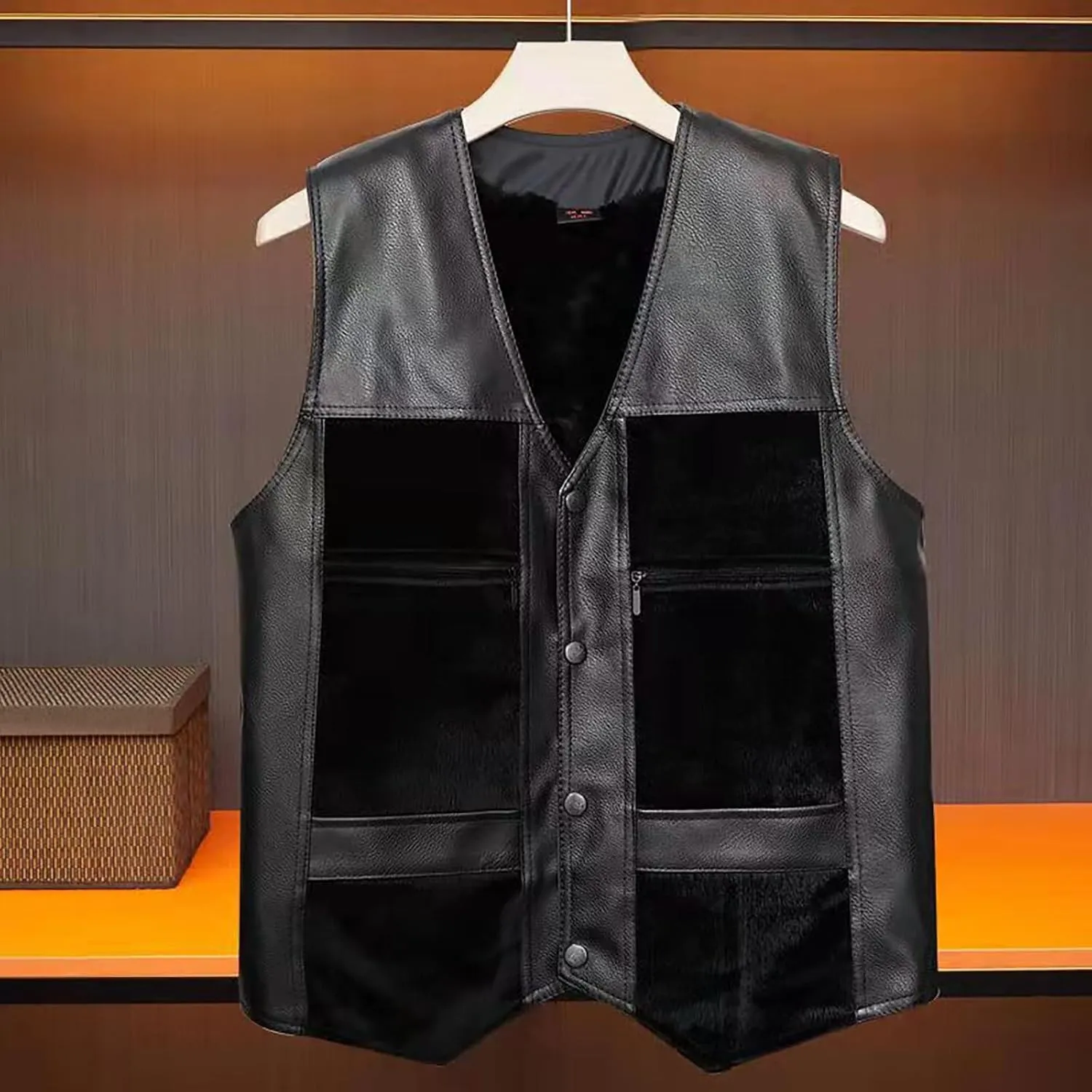 Mens Leather Vest Motorcycle Biker V Neck Sweater Vest Button Down Leather Bomber Jacket Men Classic