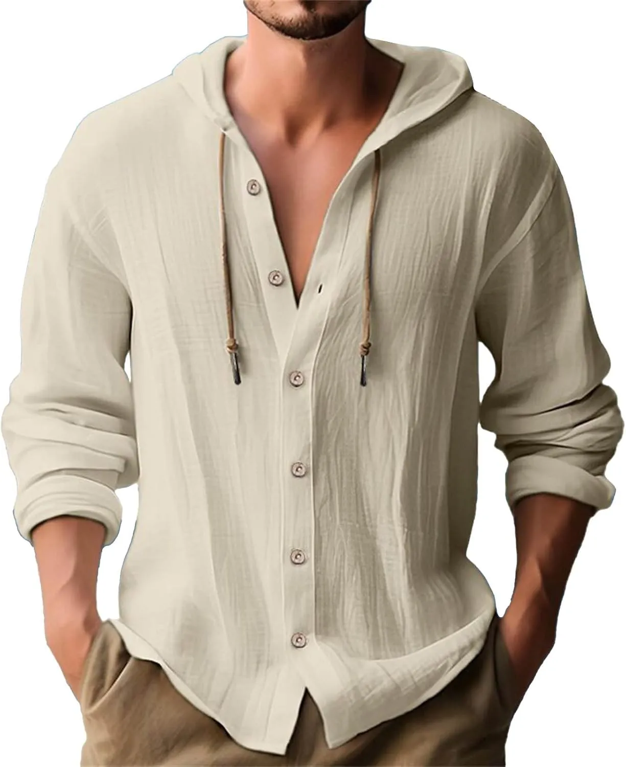 Men's Linen Casual Guayabera Shirts with Hood Lightweight Button V Neck Long Sleeve Hooded Sweatshirts Hawaiian Shirt