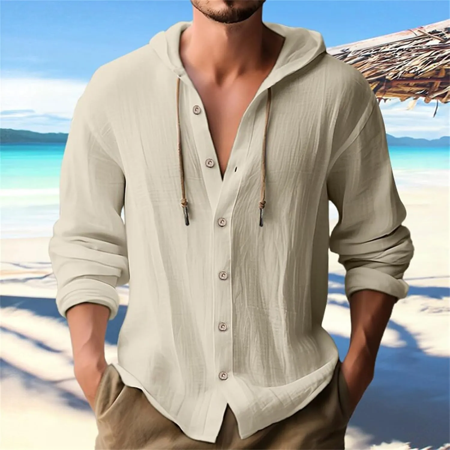 Men's Linen Casual Guayabera Shirts with Hood Lightweight Button V Neck Long Sleeve Hooded Sweatshirts Hawaiian Shirt