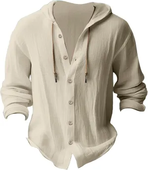 Men's Linen Casual Guayabera Shirts with Hood Lightweight Button V Neck Long Sleeve Hooded Sweatshirts Hawaiian Shirt