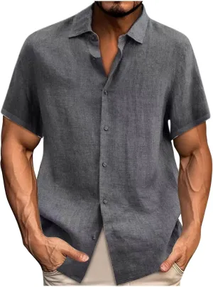 Mens Linen Shirts Casual Fashion Short Sleeve Button Down Shirt Loose Fit Solid Cotton Linen Summer Beach Outfits