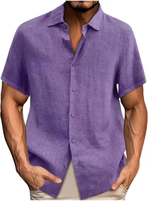 Mens Linen Shirts Casual Fashion Short Sleeve Button Down Shirt Loose Fit Solid Cotton Linen Summer Beach Outfits