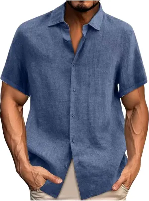 Mens Linen Shirts Casual Fashion Short Sleeve Button Down Shirt Loose Fit Solid Cotton Linen Summer Beach Outfits