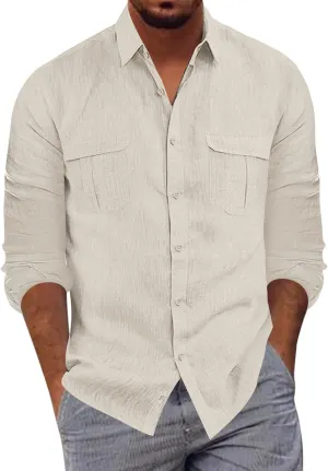 Men's Long Sleeve Casual Button Down Linen Shirts Striped Henley Shirt Untucked Shirts for Men Trendy Dress Shirt