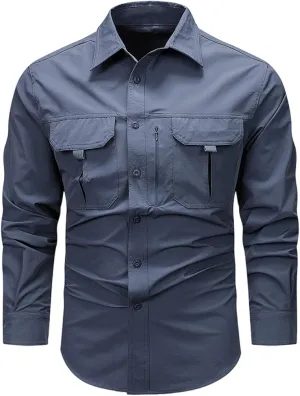 Mens Military Shirts Lightweight Tactical Work Shirt Cotton Button Cargo Shirt Loose Fit Outdoor Hiking Fishing Shirt