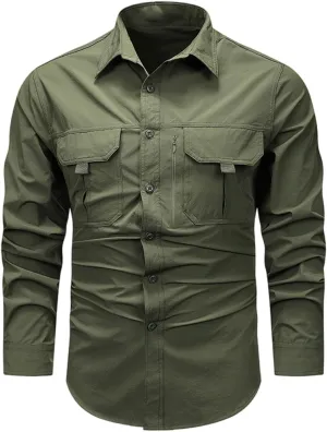 Mens Military Shirts Lightweight Tactical Work Shirt Cotton Button Cargo Shirt Loose Fit Outdoor Hiking Fishing Shirt