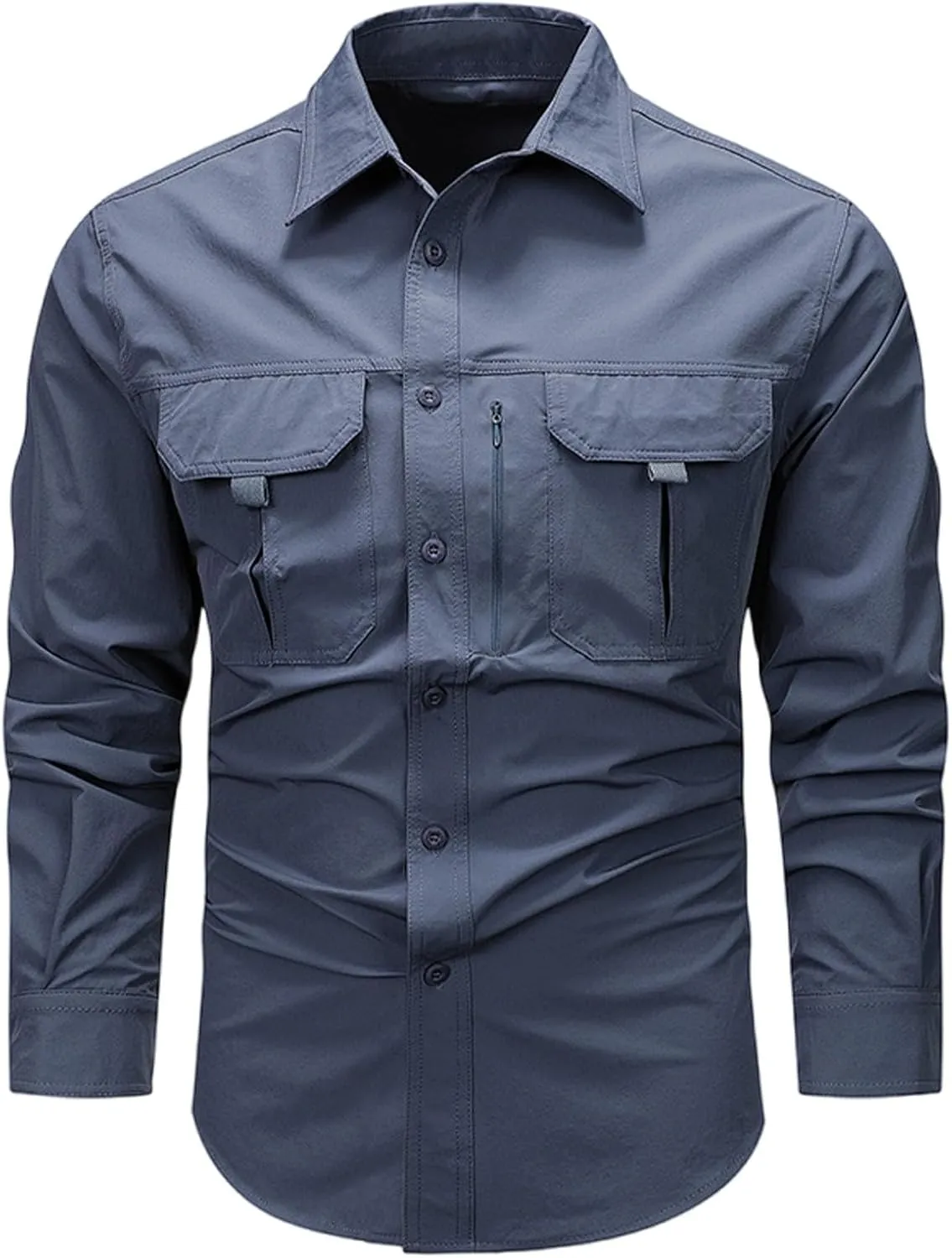 Mens Military Shirts Lightweight Tactical Work Shirt Cotton Button Cargo Shirt Loose Fit Outdoor Hiking Fishing Shirt
