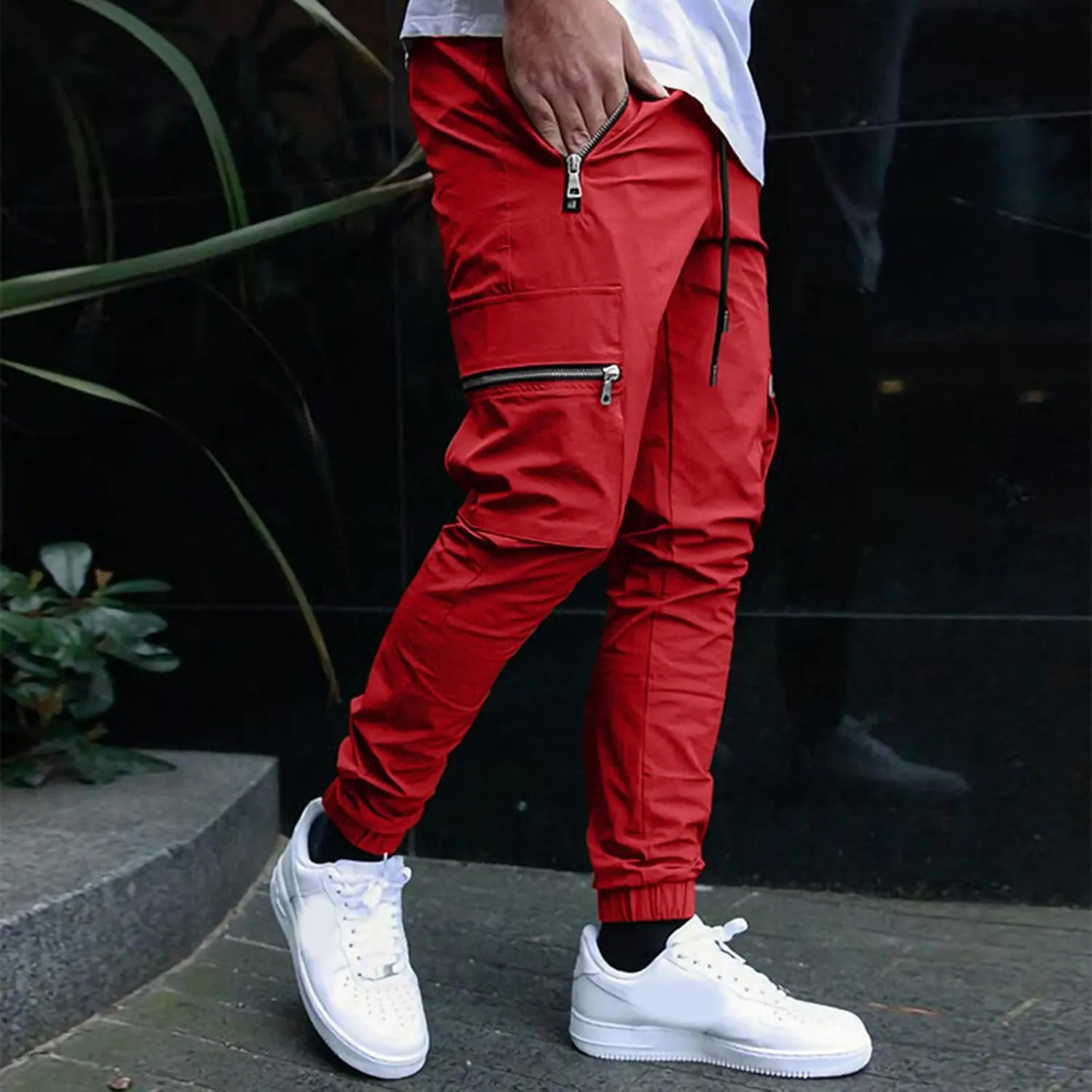 Mens Outdoor Hiking Cargo Pants Cotton Simple Solid Color Leisure High Street Elastic Men Athletic Joggers