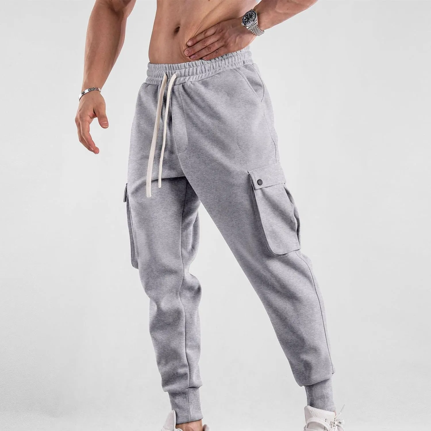 Mens Outdoor Hiking Cargo Pants Cotton Simple Solid Color Leisure High Street Elastic Men Athletic Joggers