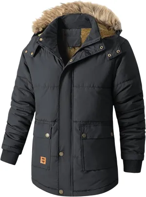 Men's Oversized Fleece Lined Hooded Jacket Thickened Puffer Parka Warm Outdoor Casual Overcoats with Pockets
