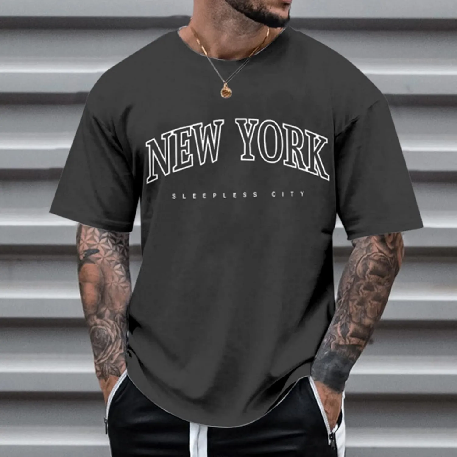 Men's Oversized Graphic Tees Short Sleeve New York Letter Print T-Shirt Summer Causal Crewneck Tee Tops