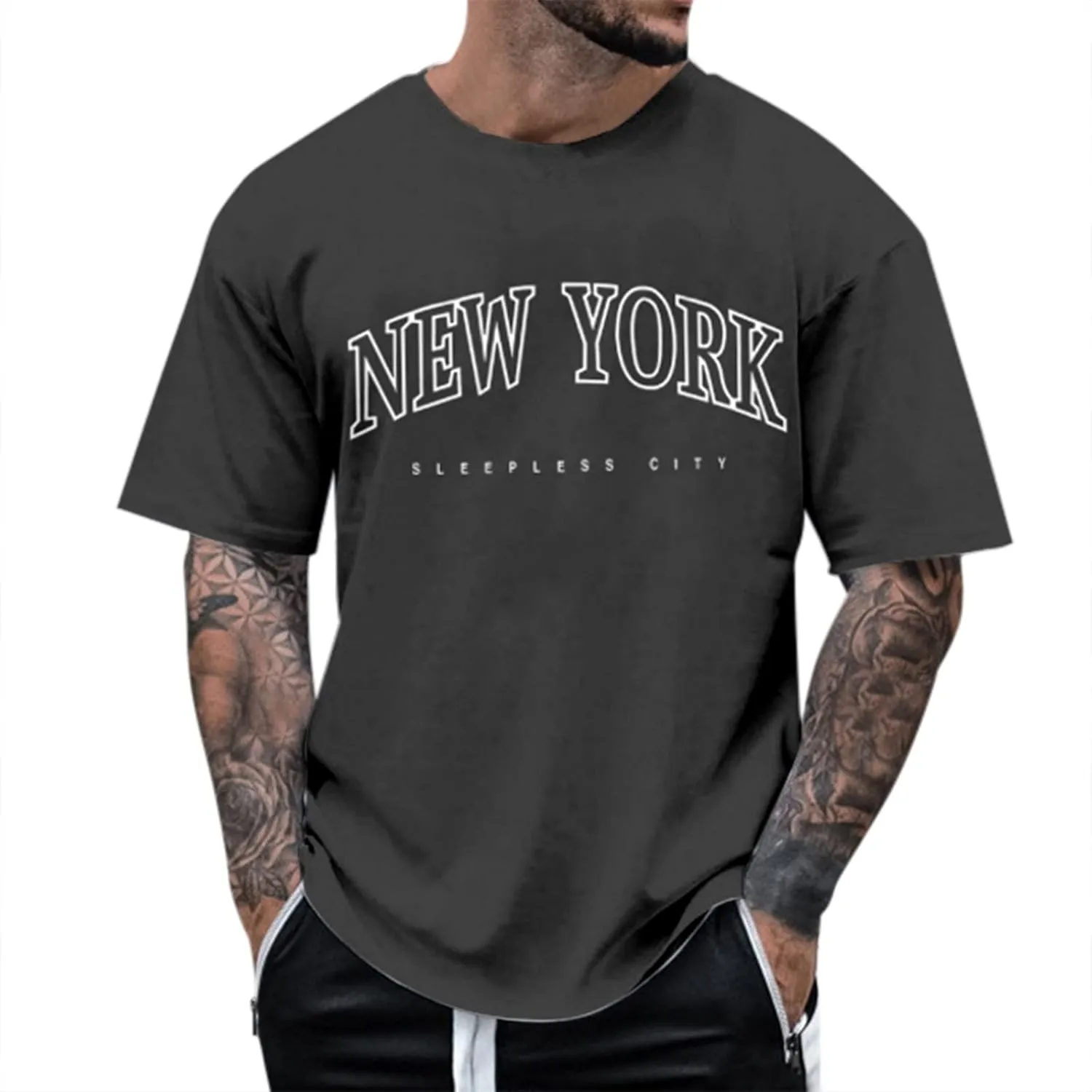Men's Oversized Graphic Tees Short Sleeve New York Letter Print T-Shirt Summer Causal Crewneck Tee Tops