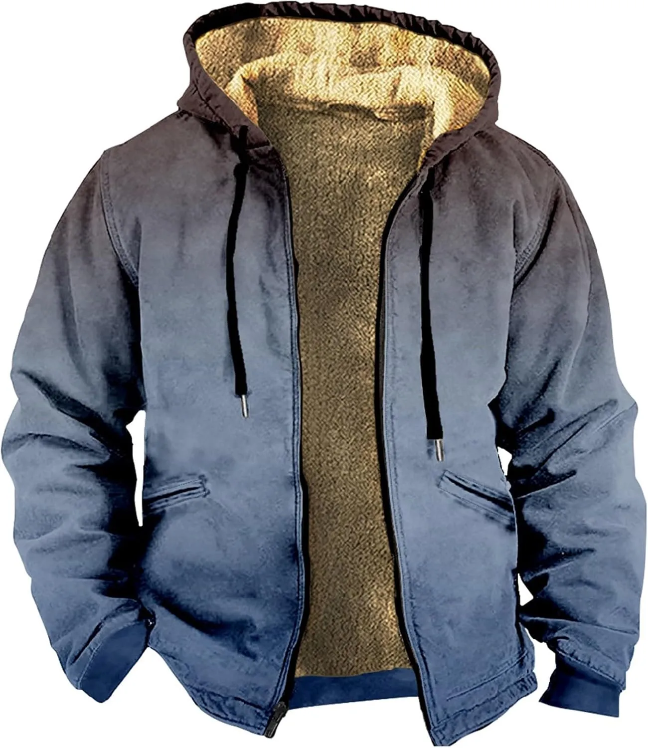 Mens Patchwork Flannel Hooded Jackets Zip Up Sherpa Fleece Lined Warm Hoodies Big and Tall Fuzzy Winter Coats