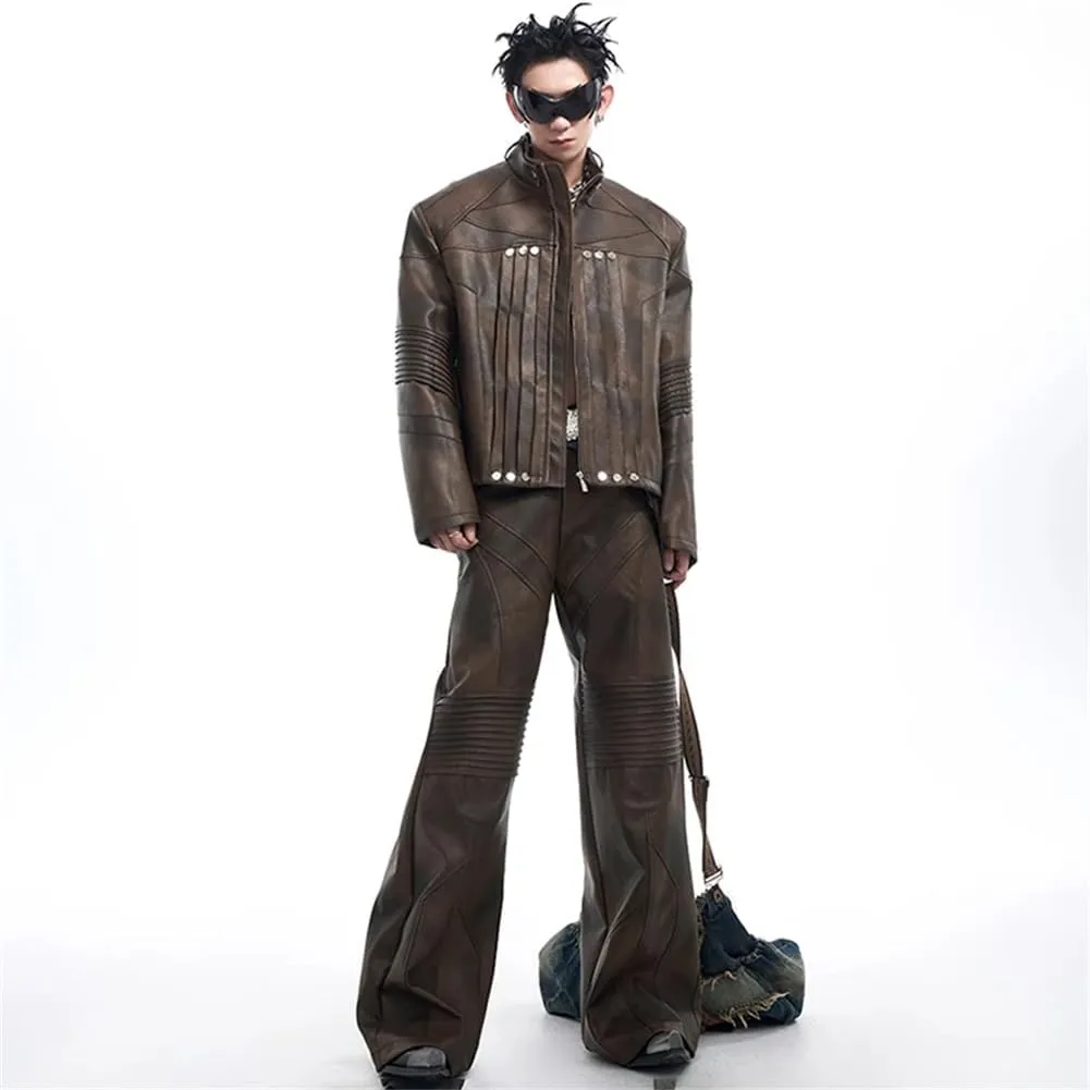 Mens Pleated Motorcycle Leather Jacket And Long Straight Pants Set Fashion Street Outfits