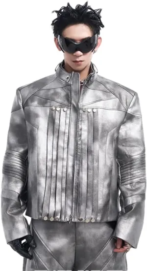 Mens Pleated Motorcycle Leather Jacket And Long Straight Pants Set Fashion Street Outfits