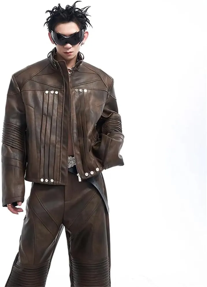 Mens Pleated Motorcycle Leather Jacket And Long Straight Pants Set Fashion Street Outfits
