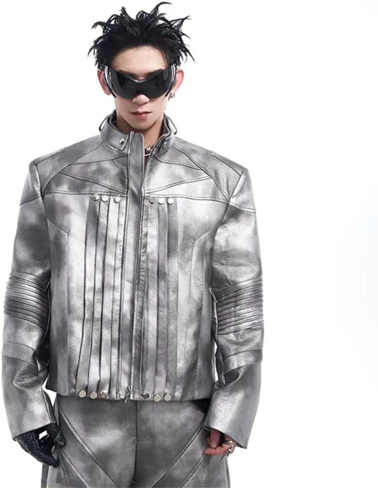 Mens Pleated Motorcycle Leather Jacket And Long Straight Pants Set Fashion Street Outfits