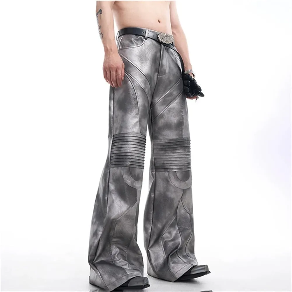Mens Pleated Motorcycle Leather Jacket And Long Straight Pants Set Fashion Street Outfits