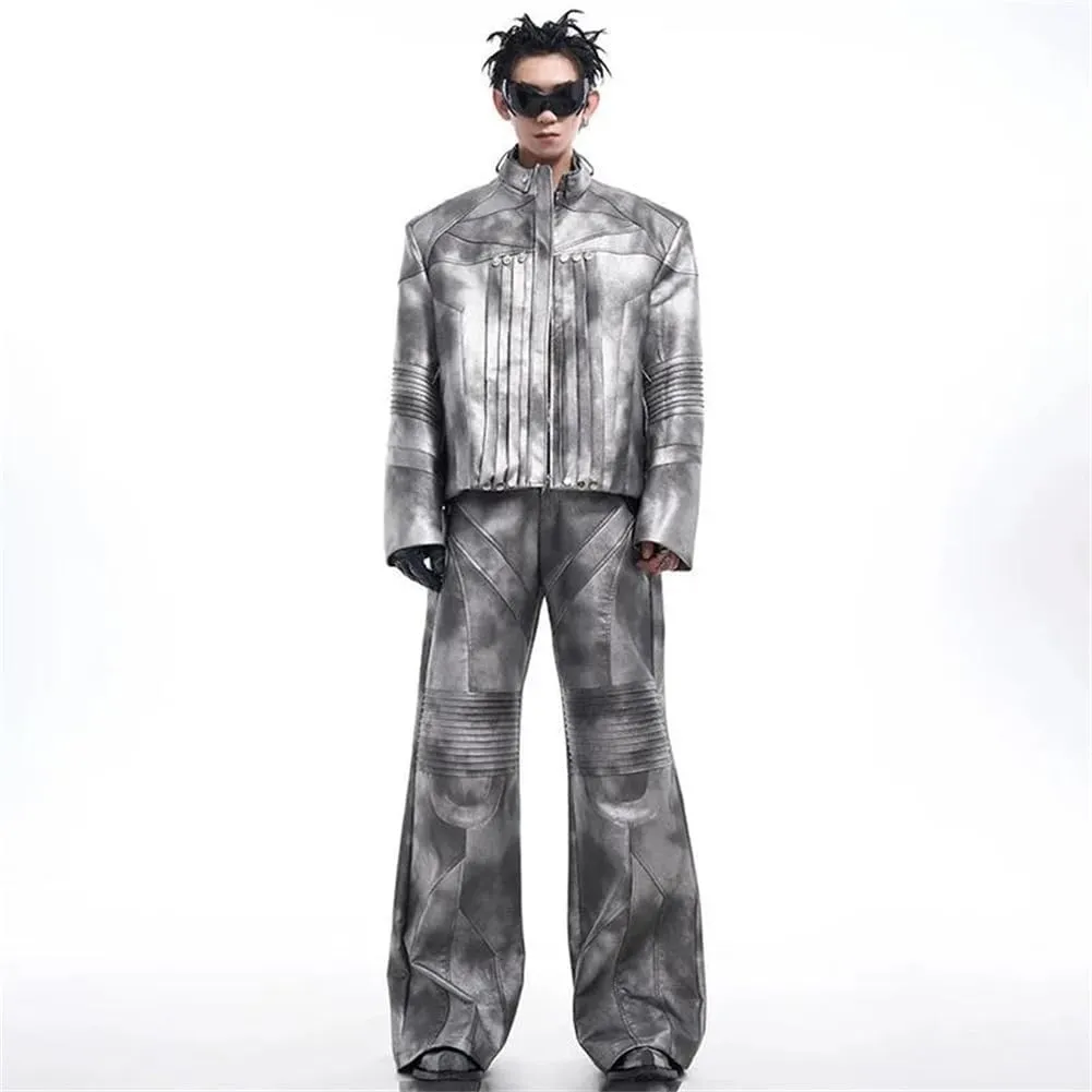 Mens Pleated Motorcycle Leather Jacket And Long Straight Pants Set Fashion Street Outfits