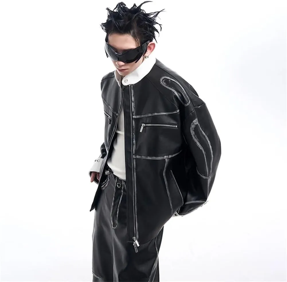 Mens Punk Style Motorcycle Leather Jackets And Patchwork Street Long Wide Leg Casual Pants Set
