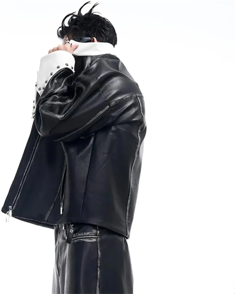Mens Punk Style Motorcycle Leather Jackets And Patchwork Street Long Wide Leg Casual Pants Set
