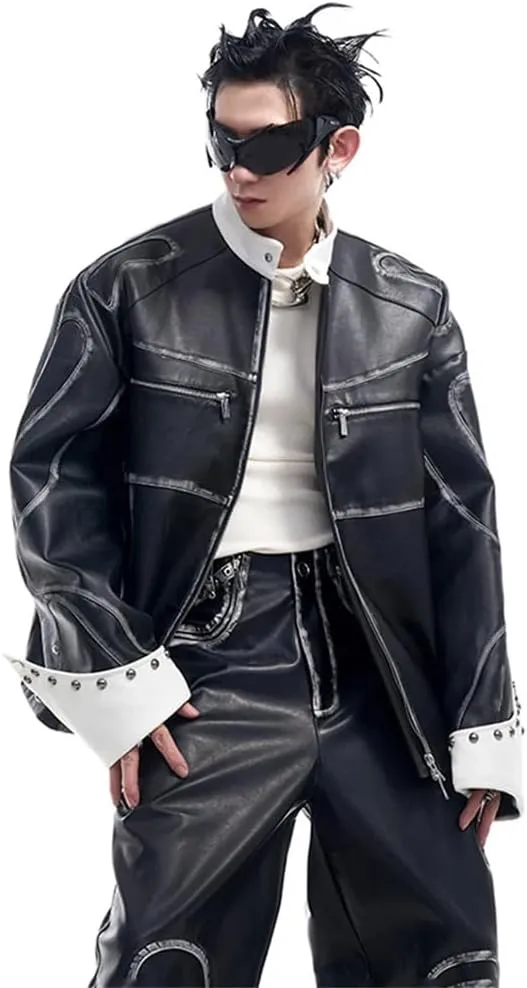 Mens Punk Style Motorcycle Leather Jackets And Patchwork Street Long Wide Leg Casual Pants Set