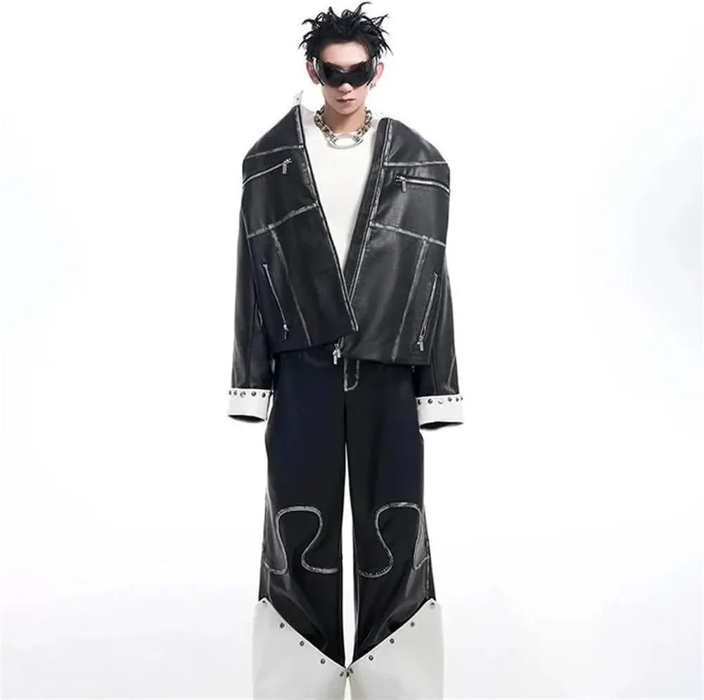 Mens Punk Style Motorcycle Leather Jackets And Patchwork Street Long Wide Leg Casual Pants Set