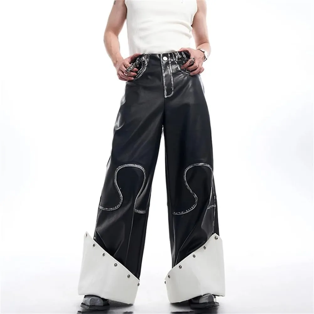 Mens Punk Style Motorcycle Leather Jackets And Patchwork Street Long Wide Leg Casual Pants Set