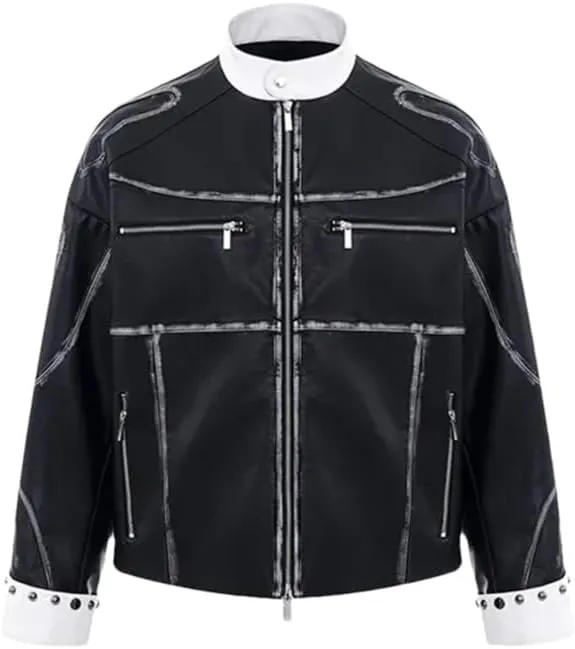 Mens Punk Style Motorcycle Leather Jackets And Patchwork Street Long Wide Leg Casual Pants Set