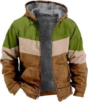 Men's Sherpa Hoodie Jackets Fleece Lined Colorblock Distressed Vintage Trucker Jackets Thick Winter Warm Coats Big&Tall