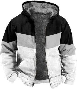 Men's Sherpa Hoodie Jackets Fleece Lined Colorblock Distressed Vintage Trucker Jackets Thick Winter Warm Coats Big&Tall