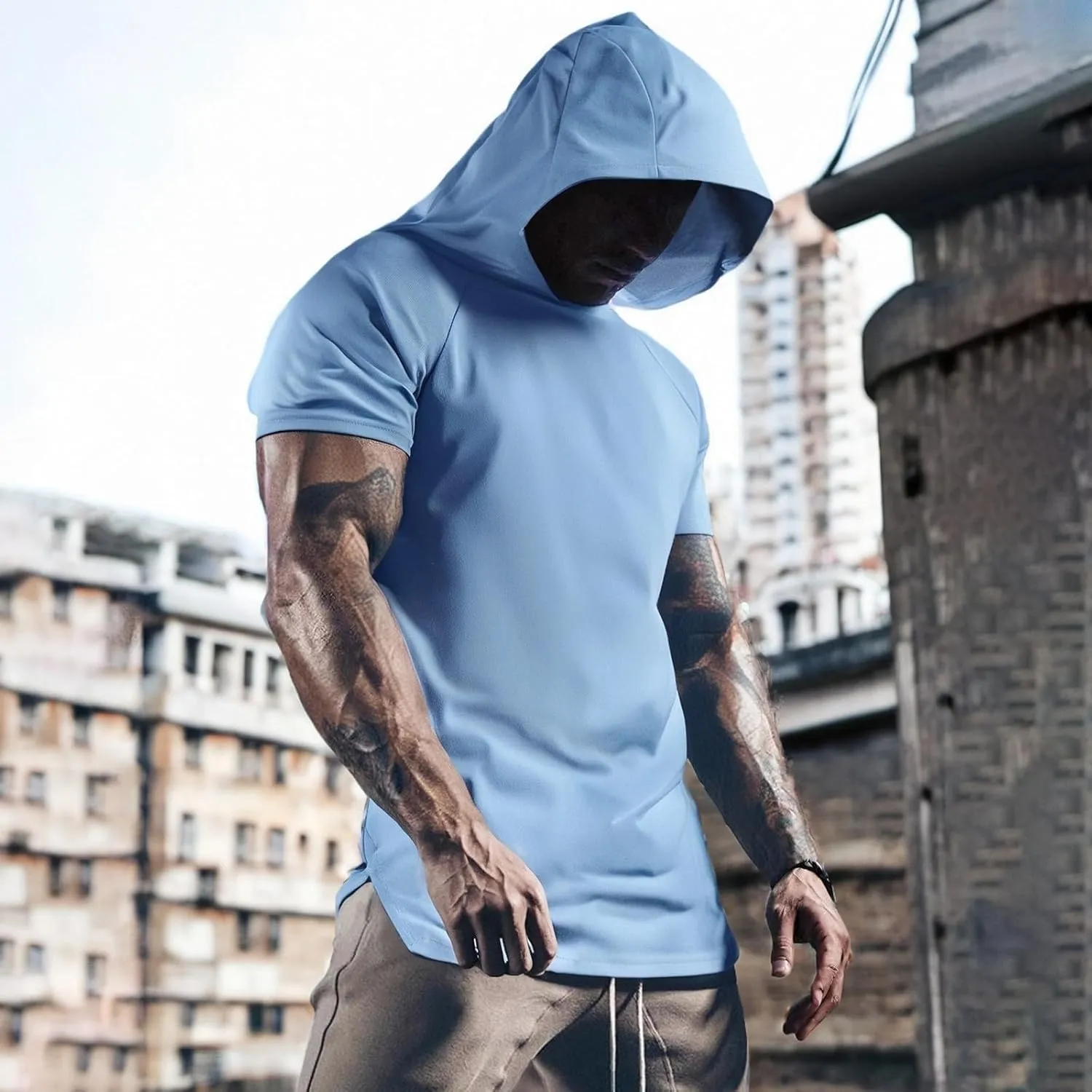 Mens Short Sleeve Hoodie Casual Lightweight Athletic Gym Workout Hooded Shirts Moisture Wicking Muscle Fit Sweatshirt