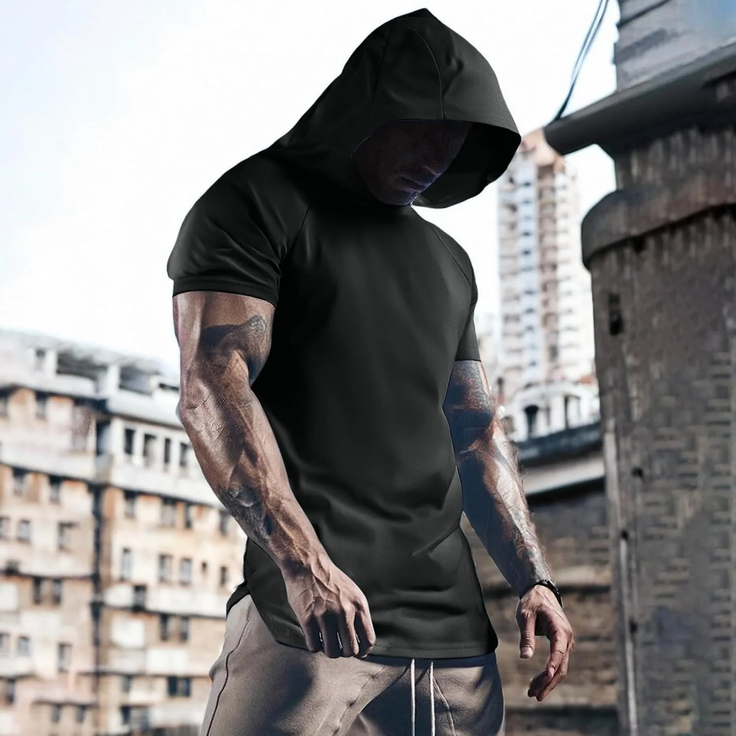 Mens Short Sleeve Hoodie Casual Loose Fit Gym Workout Tshirt Summer Sports Lightweight Training Athletic Undershirt