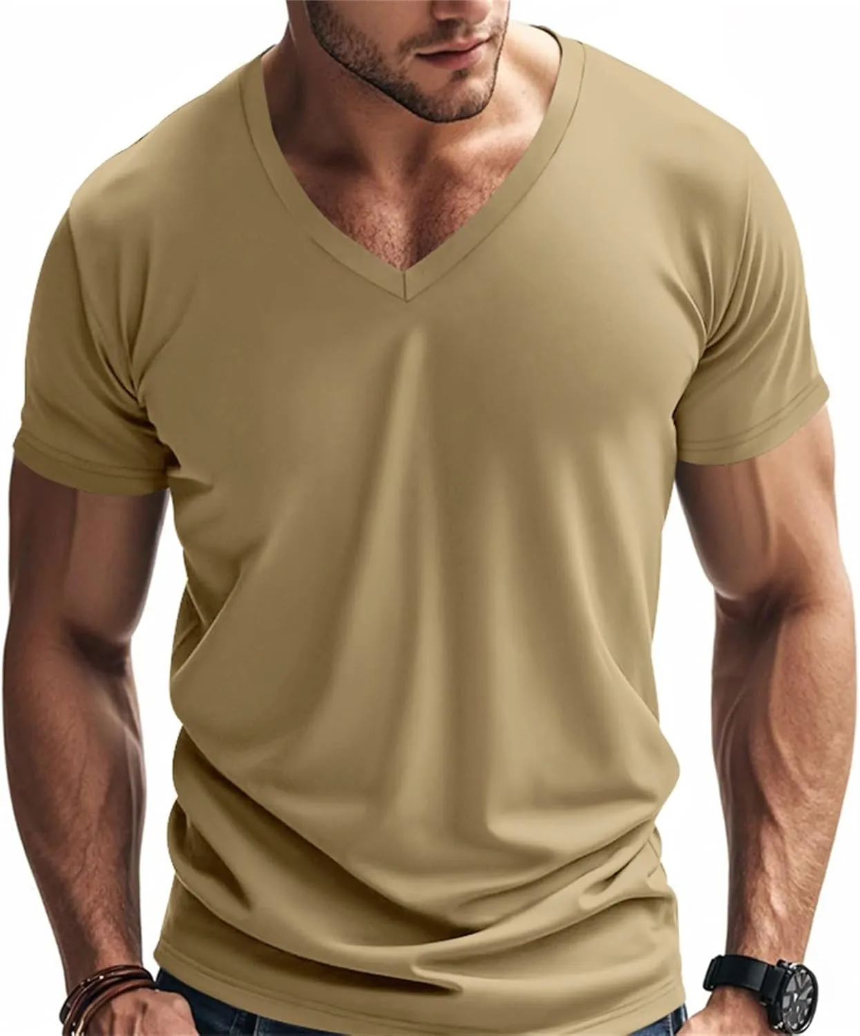 Mens Short Sleeve V Neck Muscle Slim T Shirt V-Neck Stretch Bodybuilding Shirt Soft Comfy Collarless Summer Tops