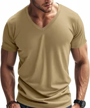 Mens Short Sleeve V Neck Muscle Slim T Shirt V-Neck Stretch Bodybuilding Shirt Soft Comfy Collarless Summer Tops