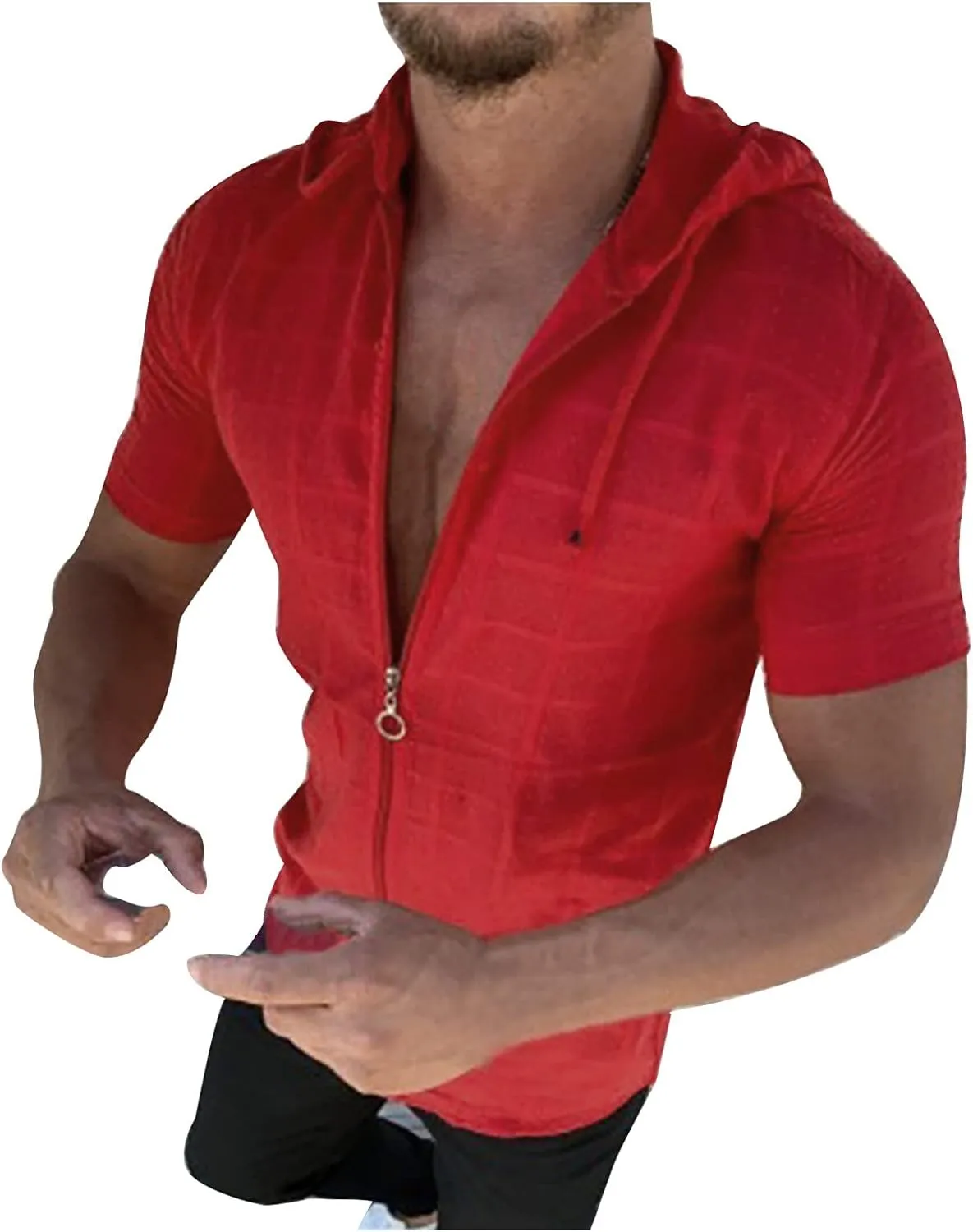 Mens Slim Fit Short Sleeve Hoodie - Summer Full Zip Swiss Dot Drawstring Hooded Cardigan Tops Casual Beach T Shirts