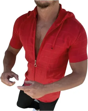 Mens Slim Fit Short Sleeve Hoodie - Summer Full Zip Swiss Dot Drawstring Hooded Cardigan Tops Casual Beach T Shirts