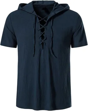 Mens Summer Cotton Linen Hoodie Fashion Drawstring T Shirts Trendy Short Sleeve Linen Tops Vacation Going Out Outfit