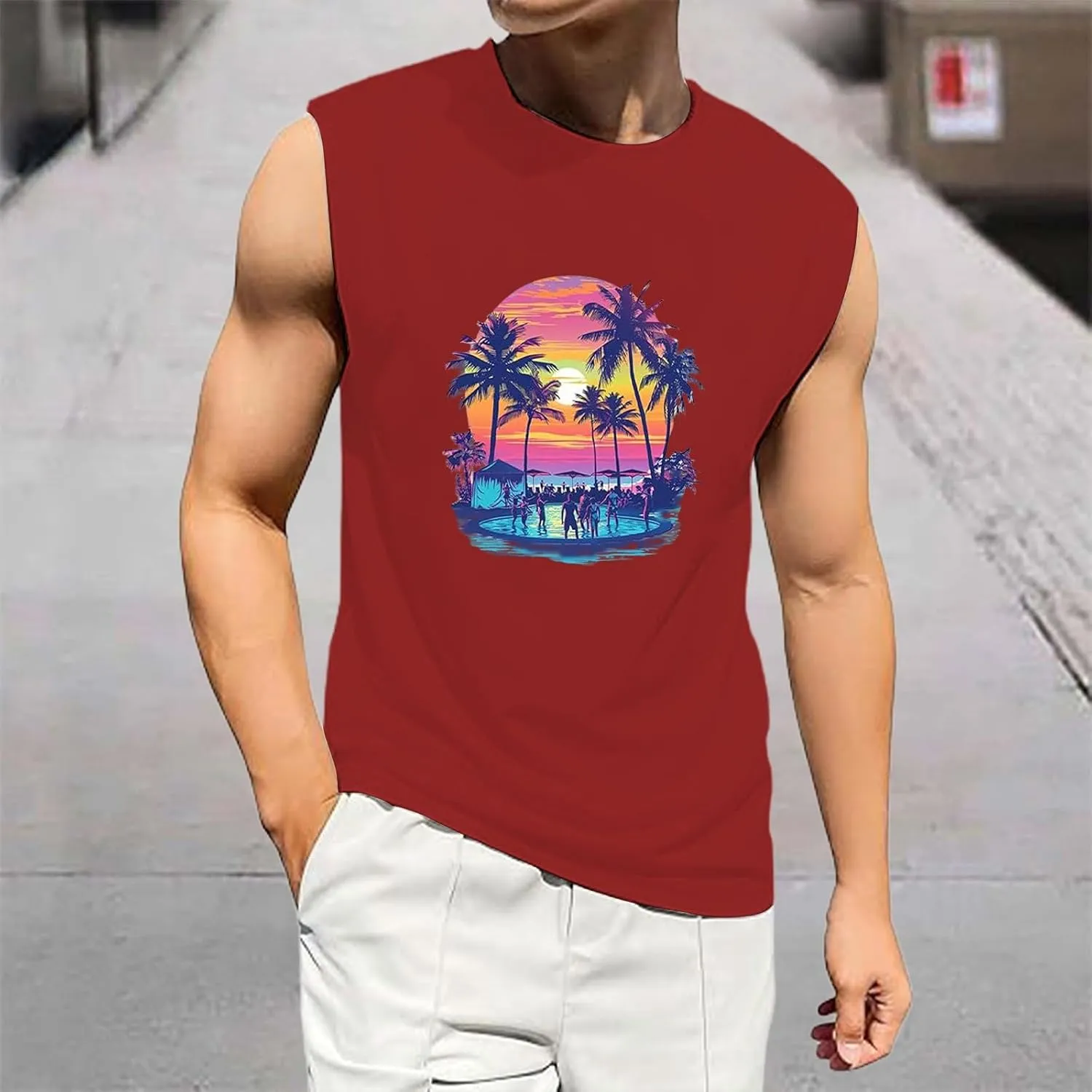 Men's Summer Tank Tops Trendy Gulf of Mexico Print Graphic Tees Tropical Coconut Print Sleeveless Beach Shirt Vests