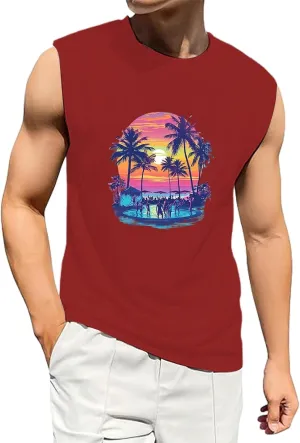 Men's Summer Tank Tops Trendy Gulf of Mexico Print Graphic Tees Tropical Coconut Print Sleeveless Beach Shirt Vests