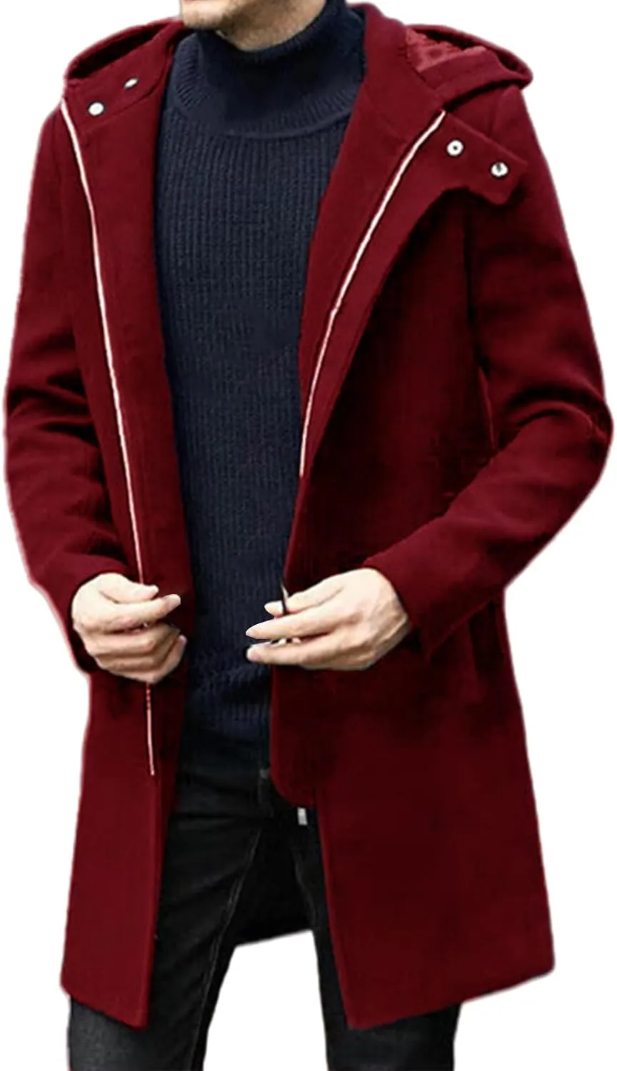 Mens Trench Coat Casual Lapel Collar Business Casual Winter Long Overcoats Fall Winter Pea Coat Zipper Hooded Jacket