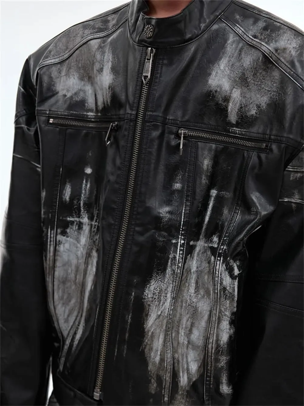 Mens Vintage Loose Motorcycle Leather Jacket And High Street Long Pants Set